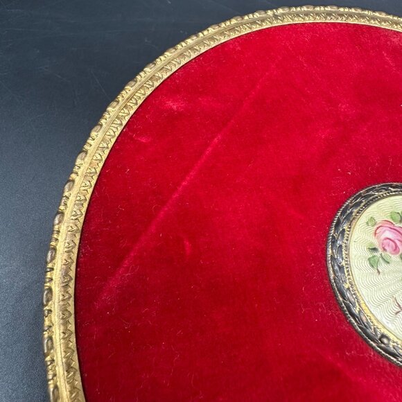 Antique Vanity Hand Mirror Red Velvet Guilloche Enamel Plaque Floral Brass - Picture 8 of 12